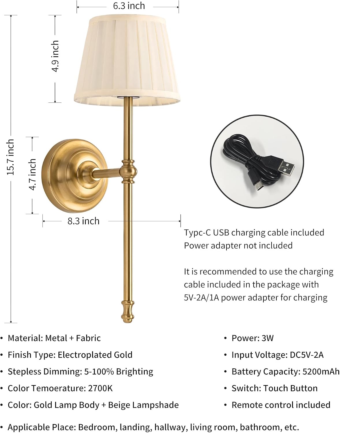 KDG Gold Cordless Wall Sconces Set of 2, Beige Fabric LED Wall Lamps | Wireless Small Rechargeable Battery, Portable