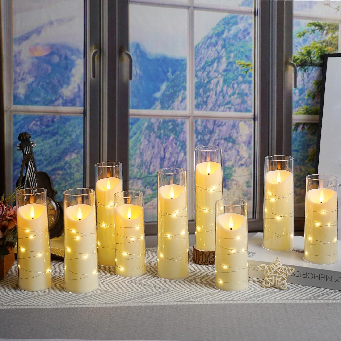 Eebuss Flameless Candles with Embedded Star String, Battery Operated LED Pillar Candles with Timer and Remote