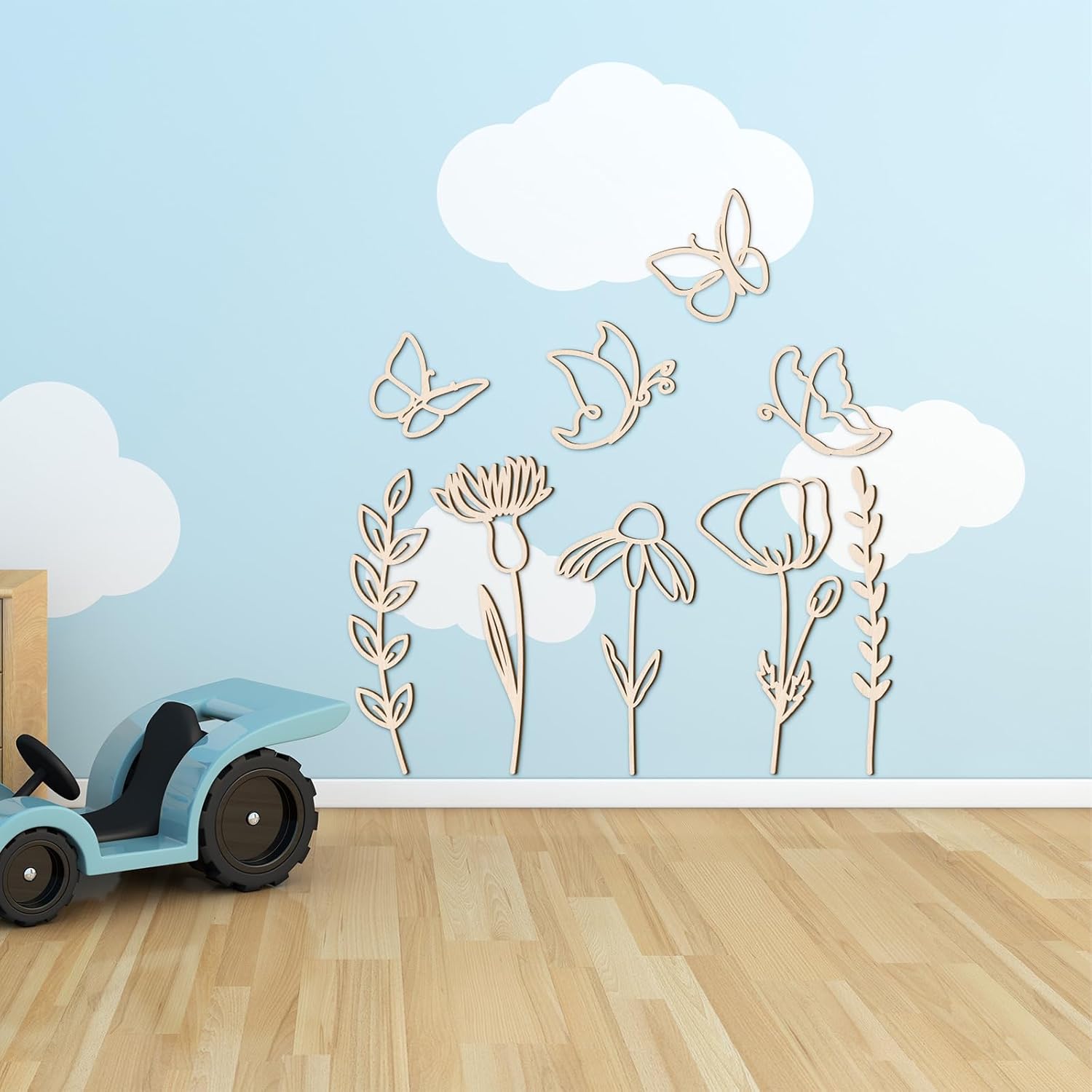 Wooden Wildflower Wall Decor Boho Flower Cutout Nursery Decor Floral Sign Decal / Set of 9