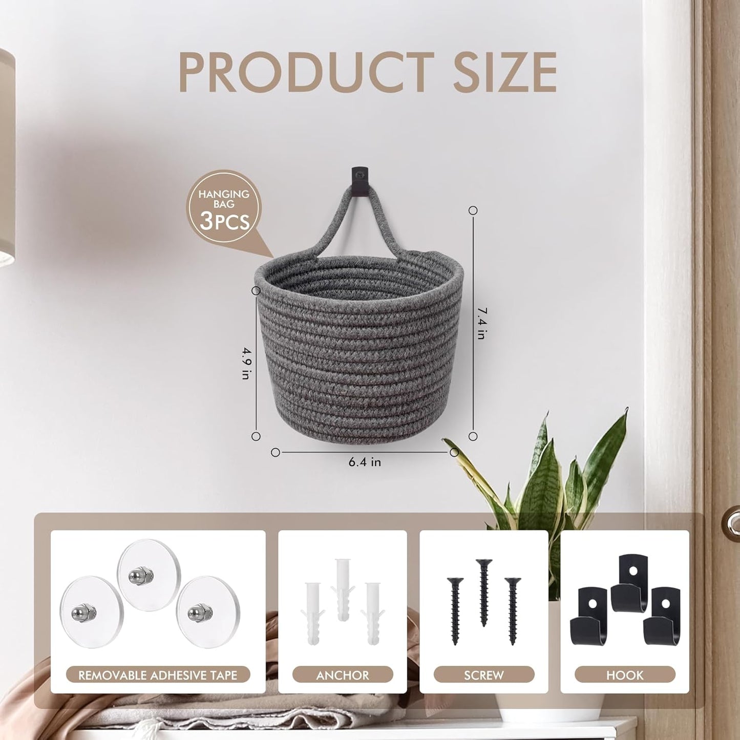 Adhesive Hooks / Storage Organizers / Dark Gray & Black / Set of 3