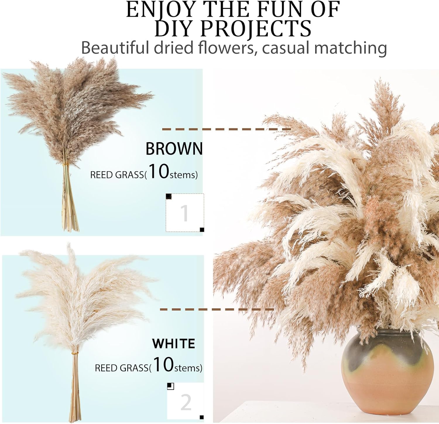 Fluffy & White Pampas Grass Decor Tall Pompas Grass / 10brown & 10white / Brown / Set of 20
