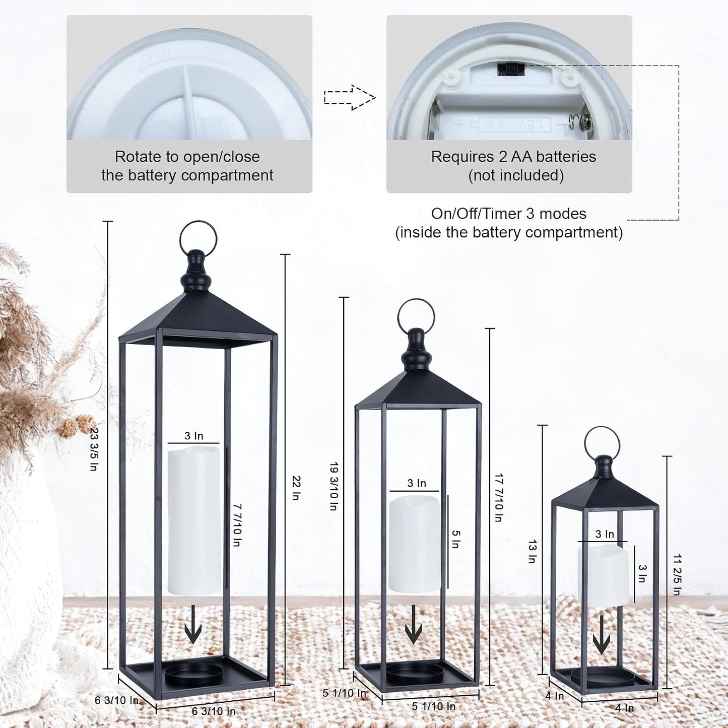 LED Lanterns Decorative Indoor&Outdoor, 23’’ 19’’ 13’’ Large Black Candle Lanterns Set with 3 Flameless Candles, Metal
