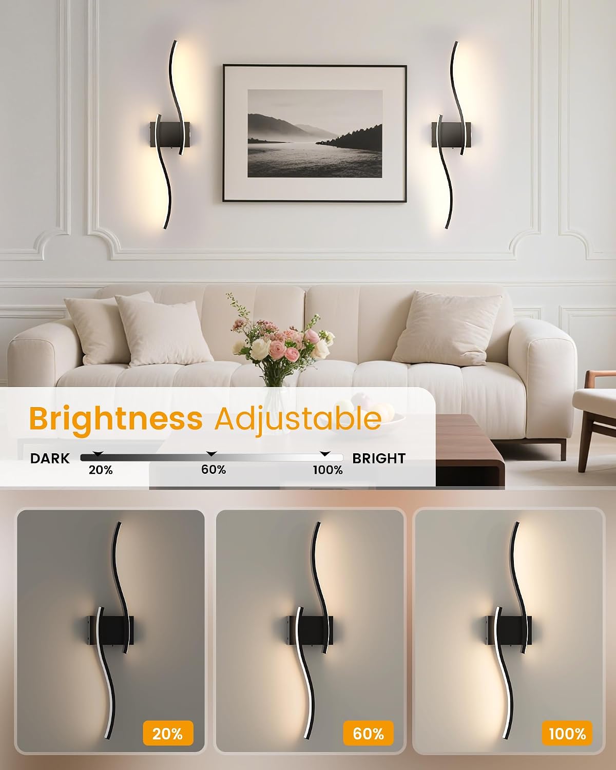 27.6 Inch Battery Operated Wall Sconce Set of 2, Black Modern Rechargeable Wall Lights with Remote, 3CCT Dimmable