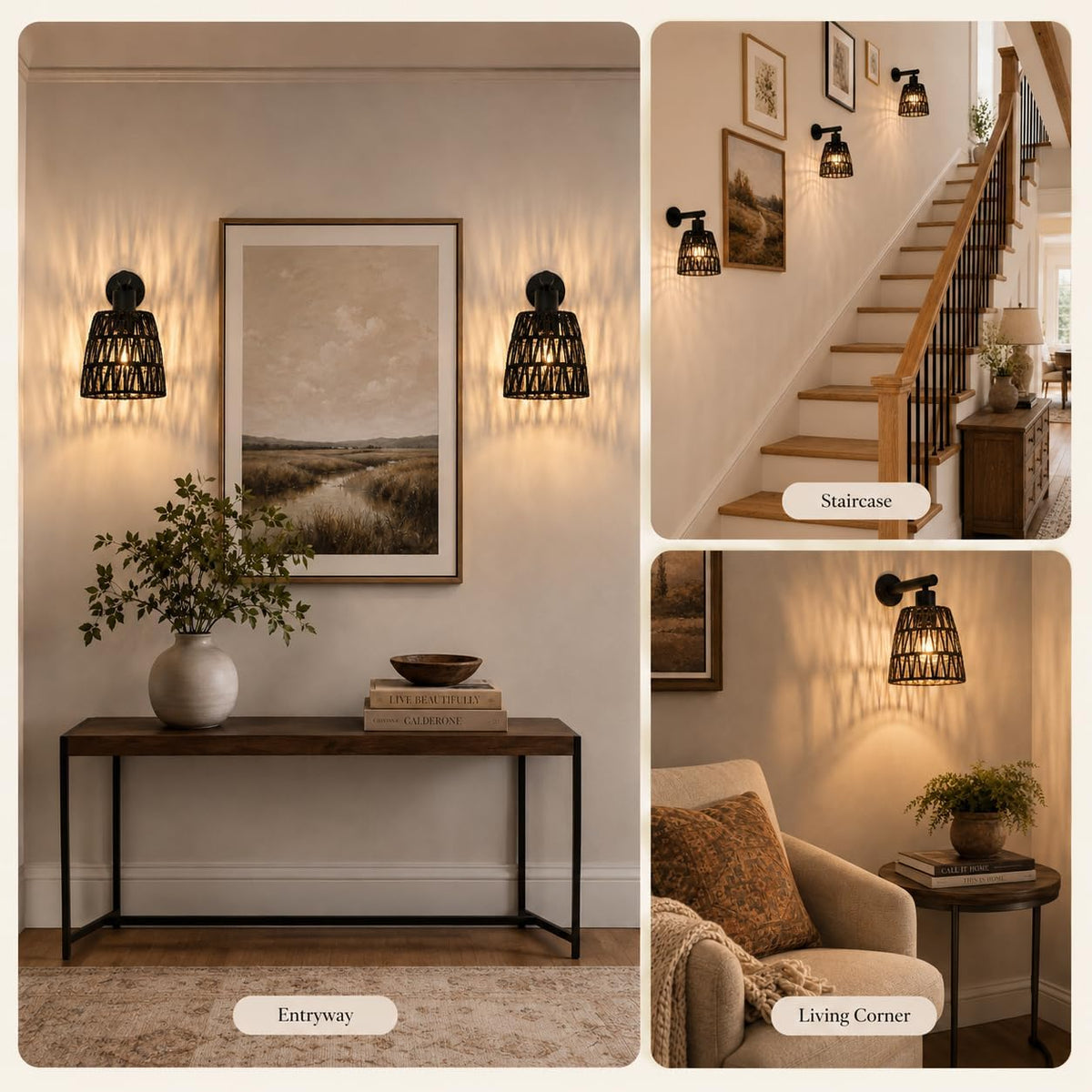 Black Battery Operated Wall Sconces Set of 2, Rattan Wall Sconces with Remote, RGB 15 Colors Dimmable Rechargeable Wall
