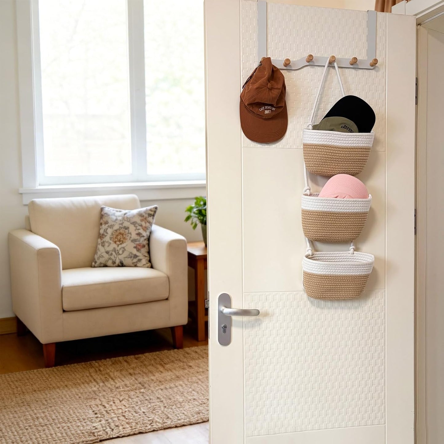 Wall-Mounted Woven Storage Organizer Bag / White+jute