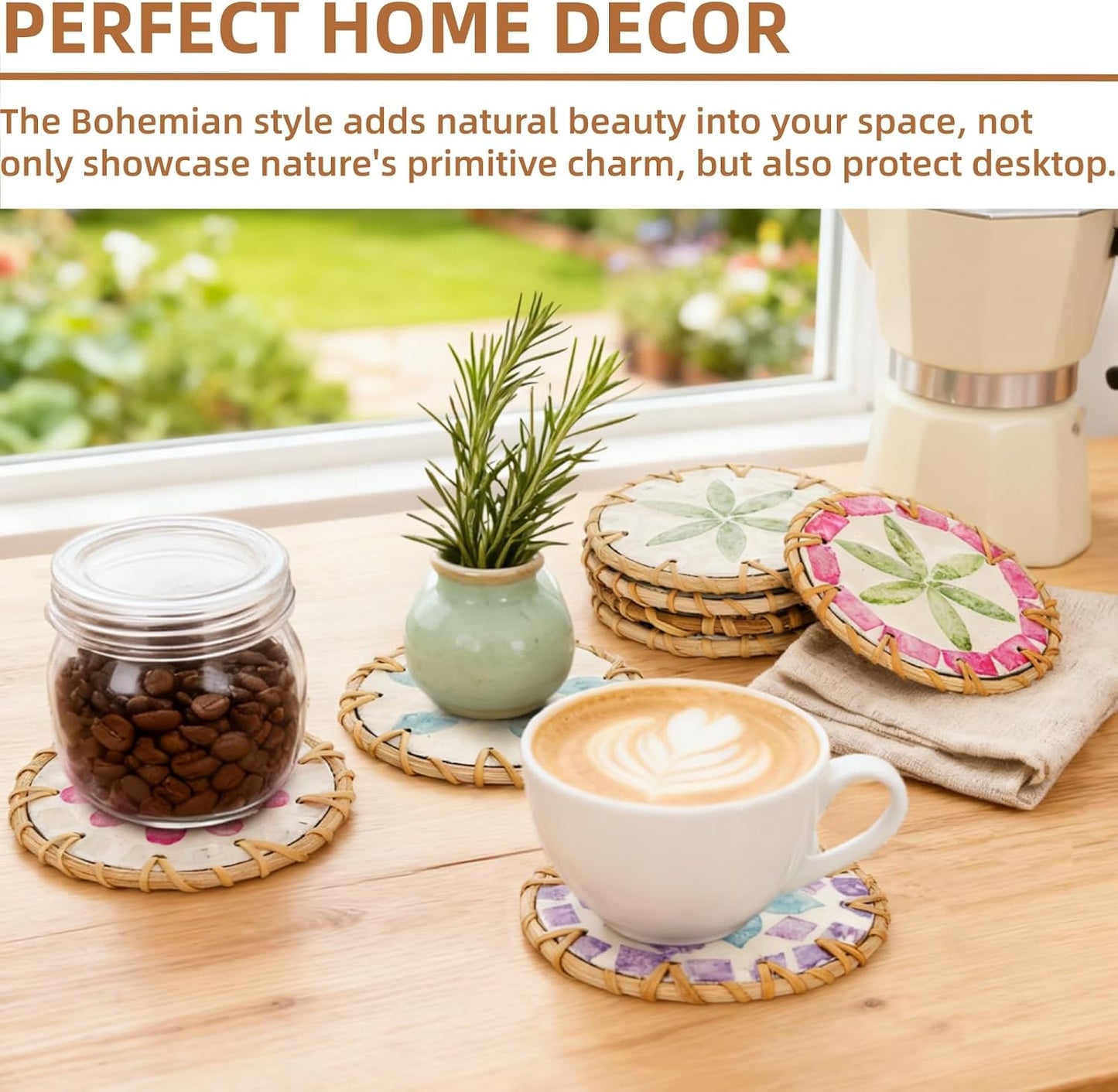 Boho Wicker Coasters / 4 Inch / Set of 8