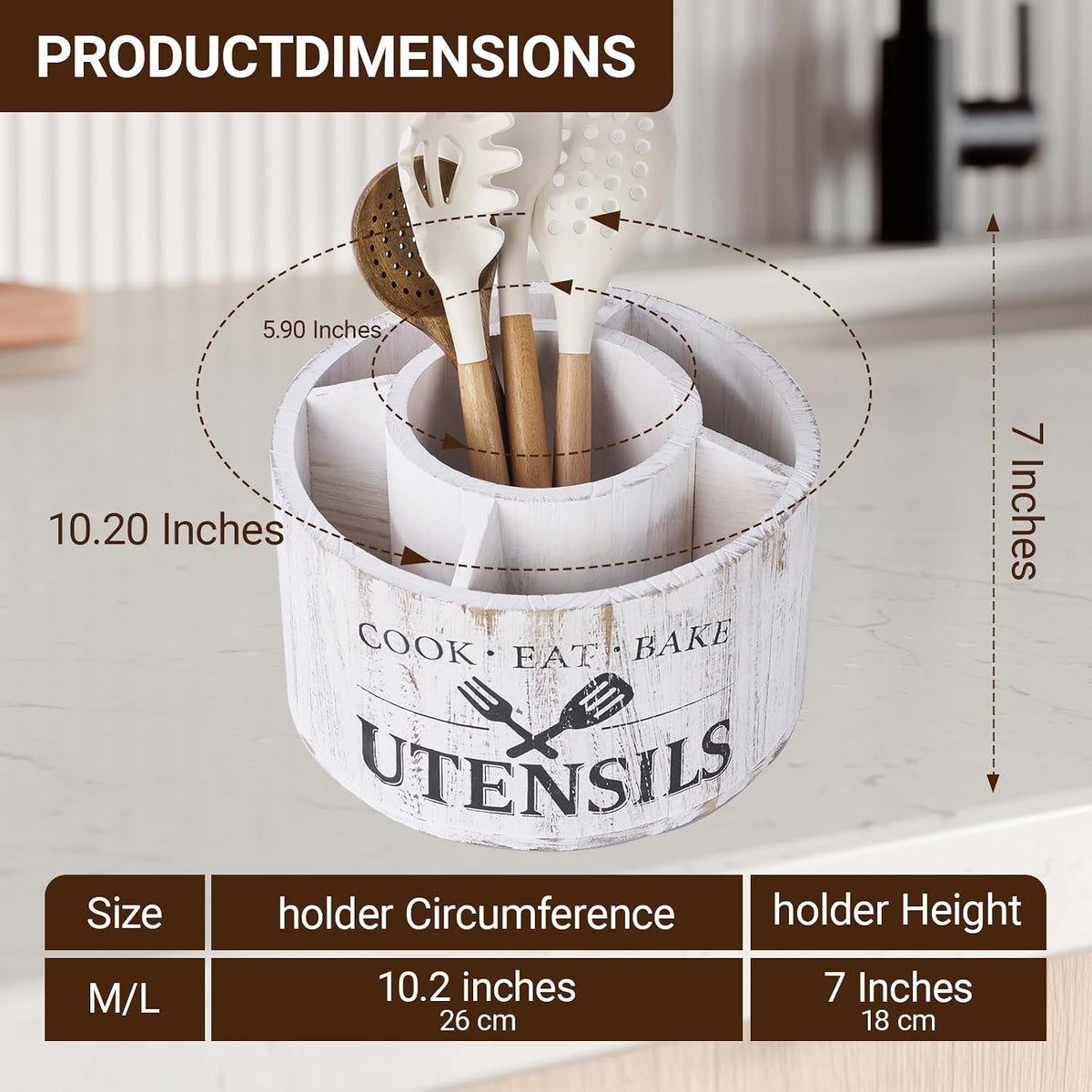10.2 Inch Extra Large 360° Rotating Utensil Holder | Farmhouse Kitchen 5 Compartments, Lazy Susan Utensil Crock for