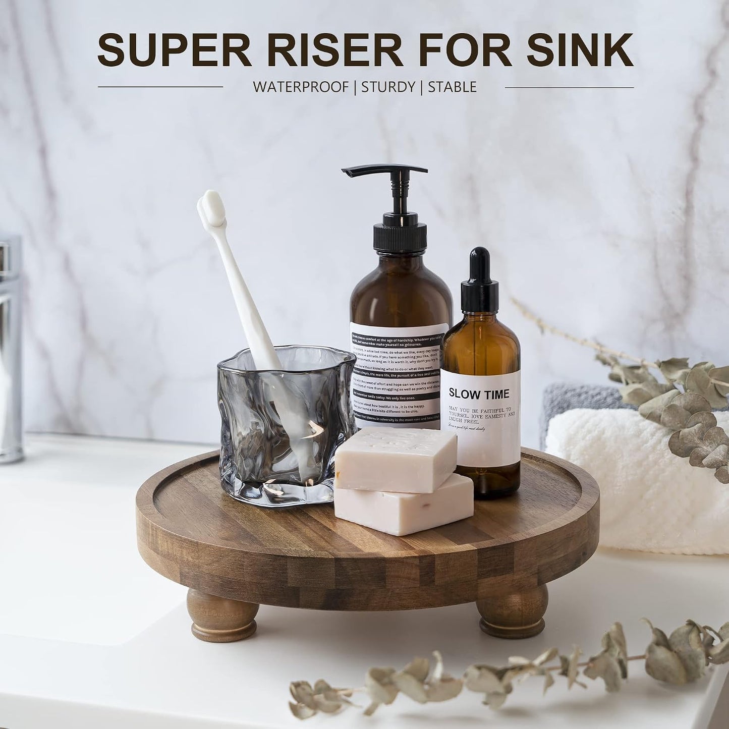 EOSAHR Acacia Wood Display Riser: Pedestal Stand for Bathroom Decor, Brown | 10" Round Display Stand, Rich Wood Grain
