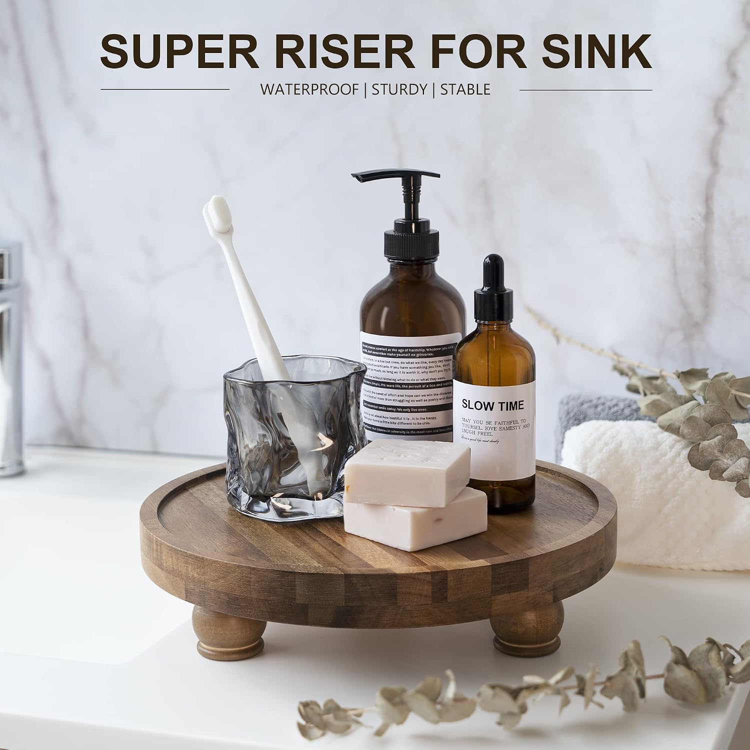 EOSAHR Acacia Wood Display Riser: Pedestal Stand for Bathroom Decor, Brown | 10" Round Display Stand, Rich Wood Grain