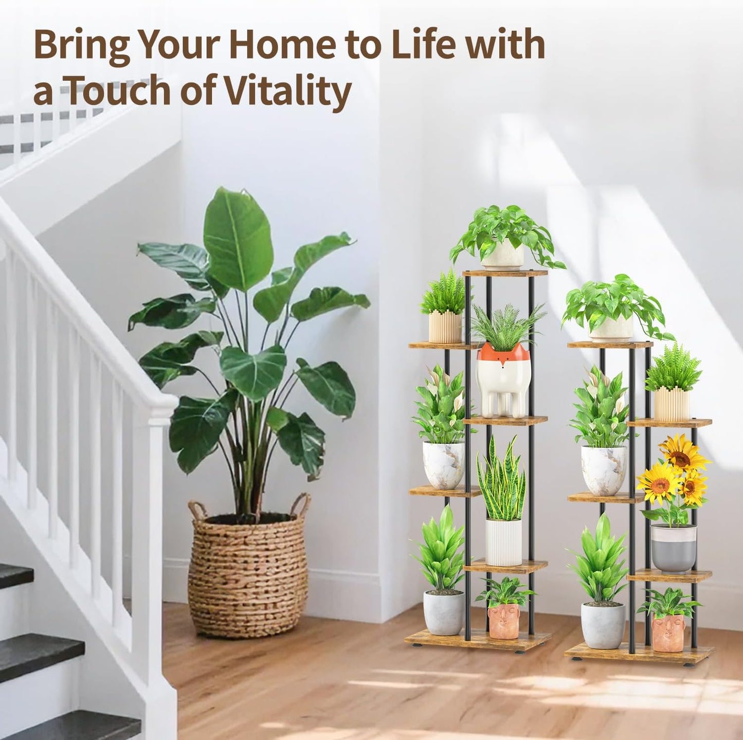LASZOLA Plant Stand Shelf Tall for Indoor Corner, 5 Tier Wood Brown | Heavy Duty Multi Level Vertical Flower Rack for