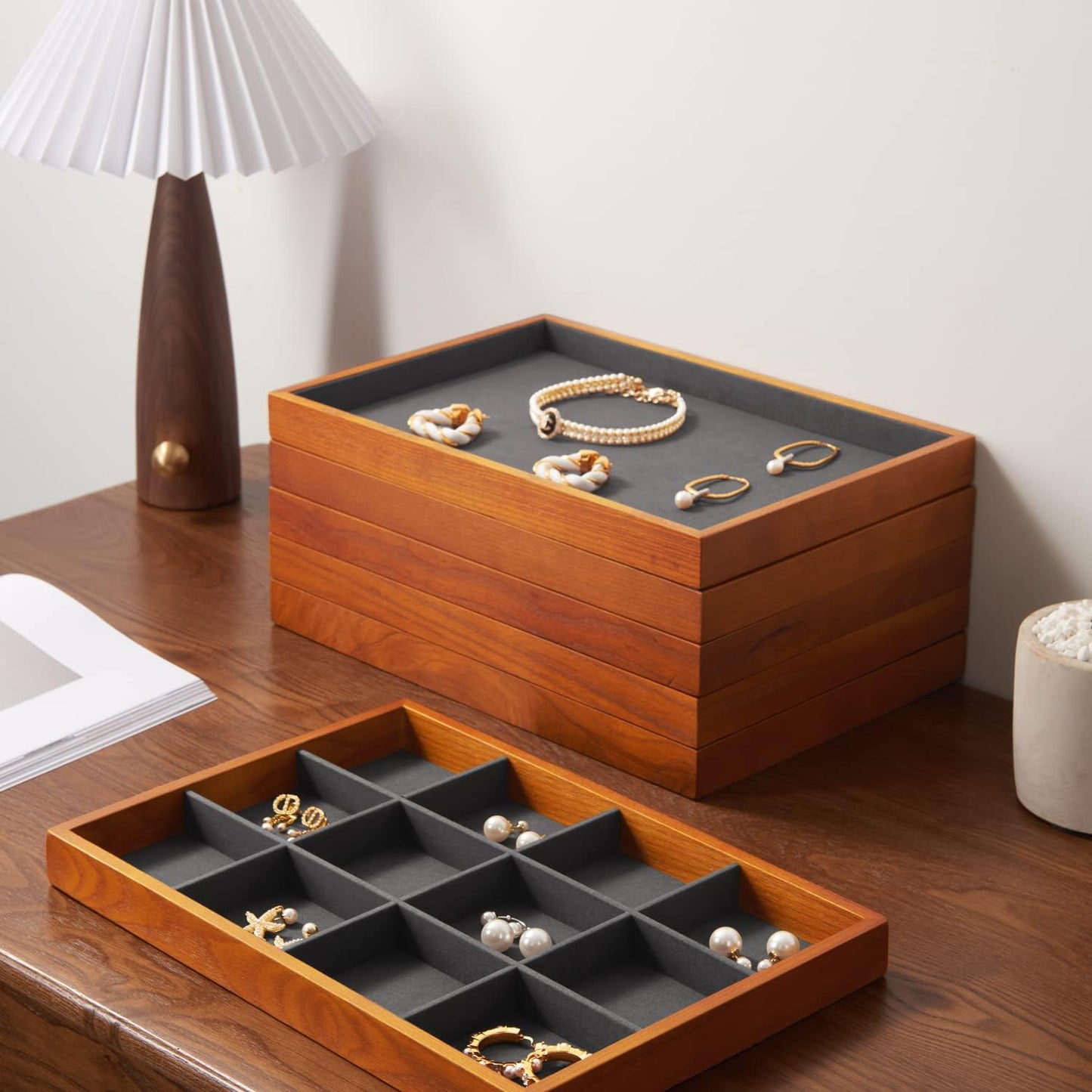 Wood Flat Jewelry Tray Stackable Jewelry Drawer Organizer Showcase Jewelry Holder / Grey Flat Tray