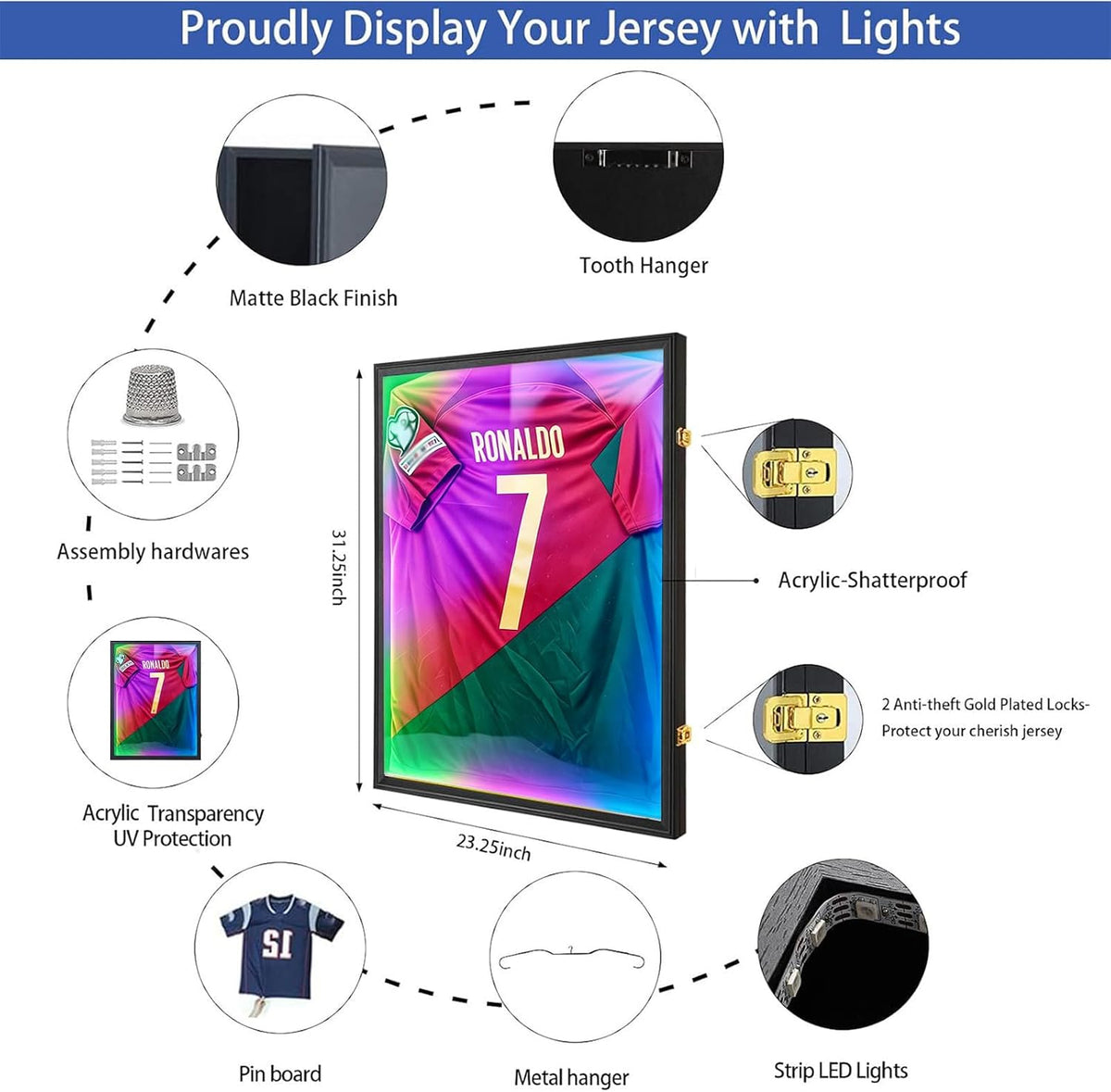 Jersey Frame Display Case with LED and Lock, 1-Pack Matte Black | oazhpon Jersey Frame 1-Pack Lockable Box with LED, UV