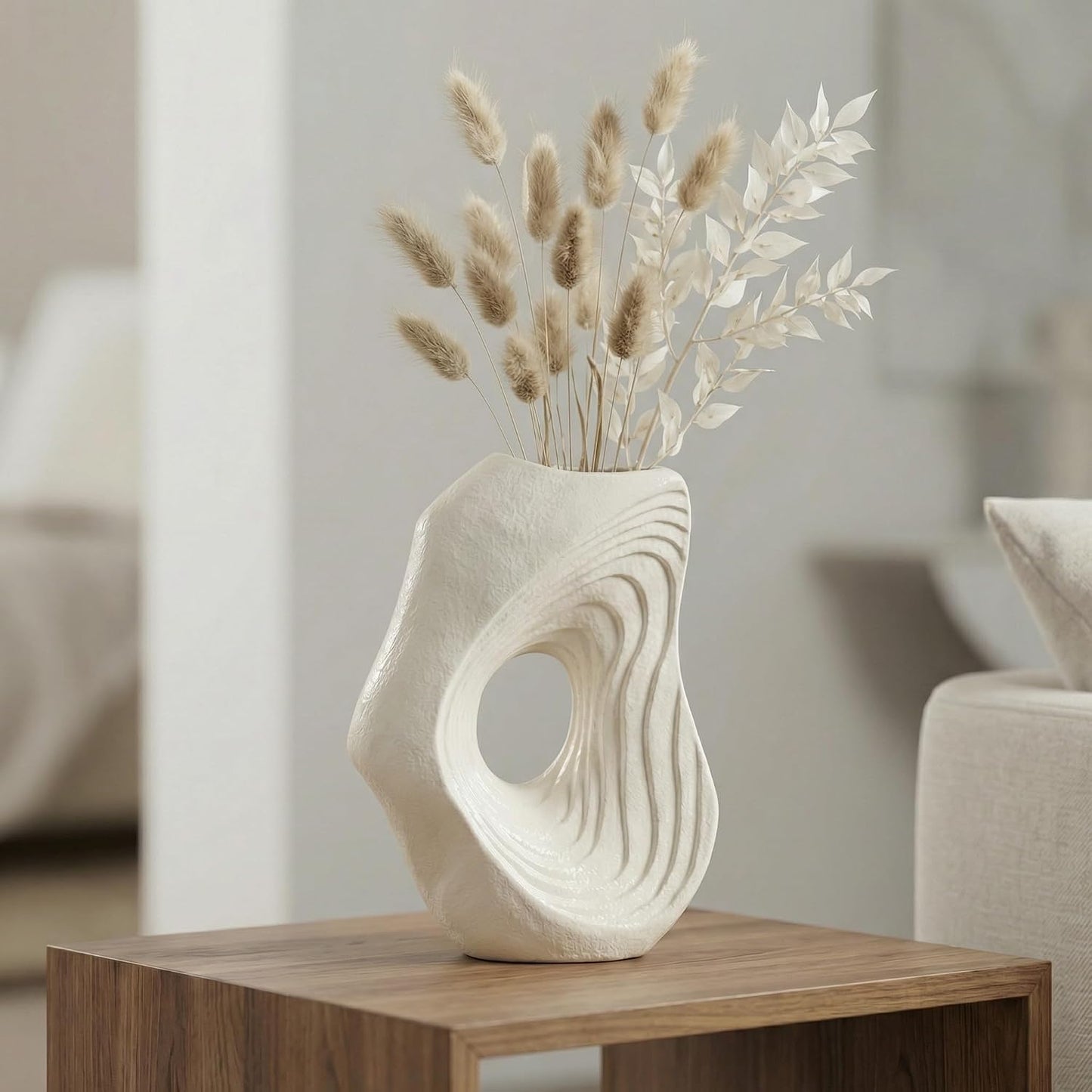 Ceramic Vase / Modern Boho Vases for Pampas Grass / White / 11 Inch