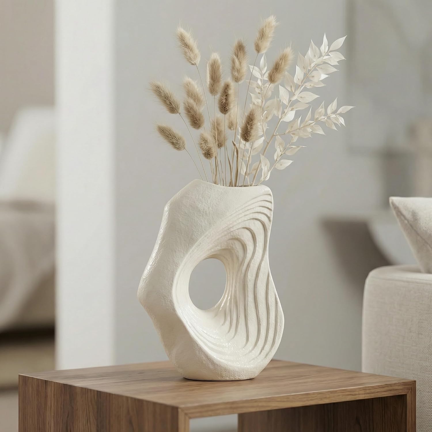 Ceramic Vase / Modern Boho Vases for Pampas Grass / White / 11 Inch