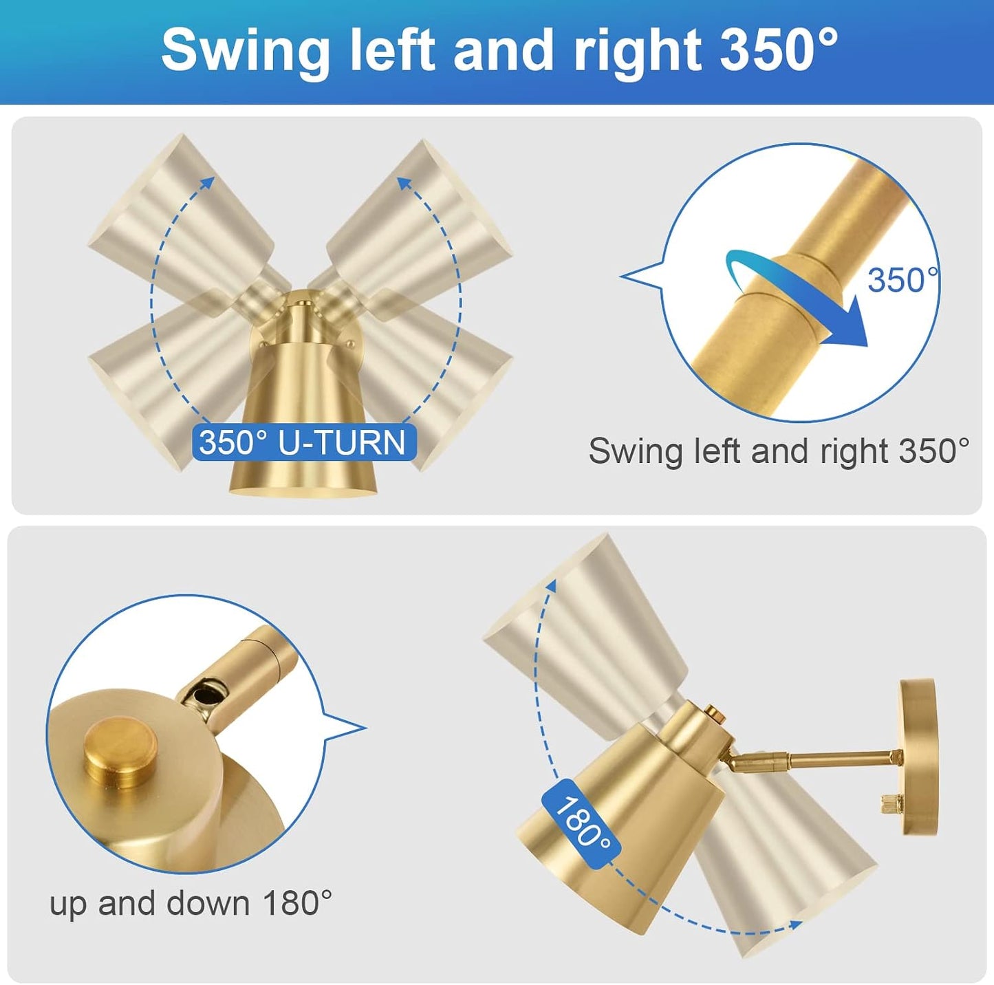 VATONI Plug in Wall Sconces, Dimmable Wall Sconces Adjustable Angle Wall Lights with Plug in Cord and Dimmer On/Off