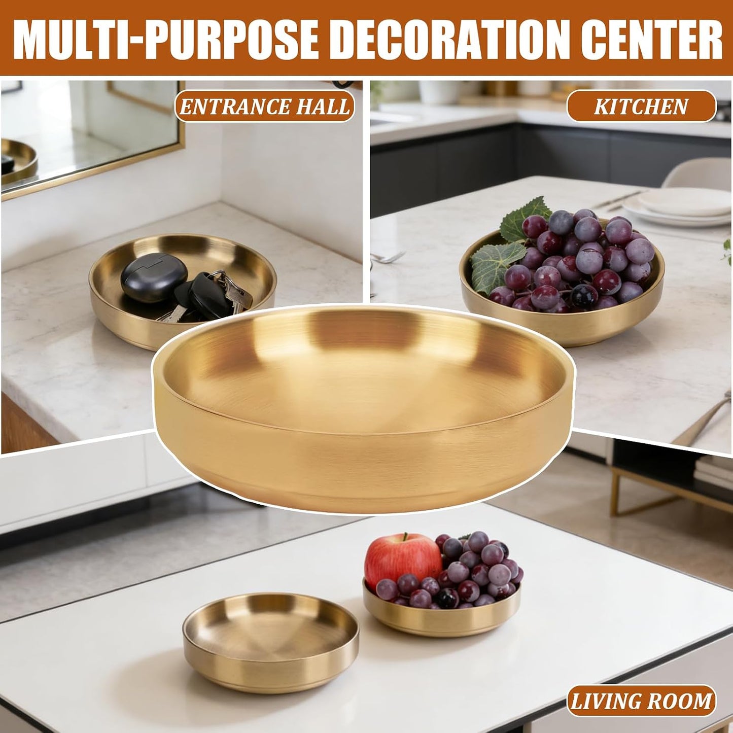Key Bowl for Entryway- Table Decorative Key Dish for Organizing Tabletop Catch All / Gold / Set of 2
