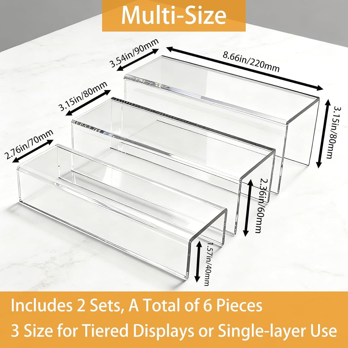 MerryNine Clear Acrylic Display Risers Stable Multi-Size | 6-Piece Set (8.66" base). Great for cosmetics, figurines