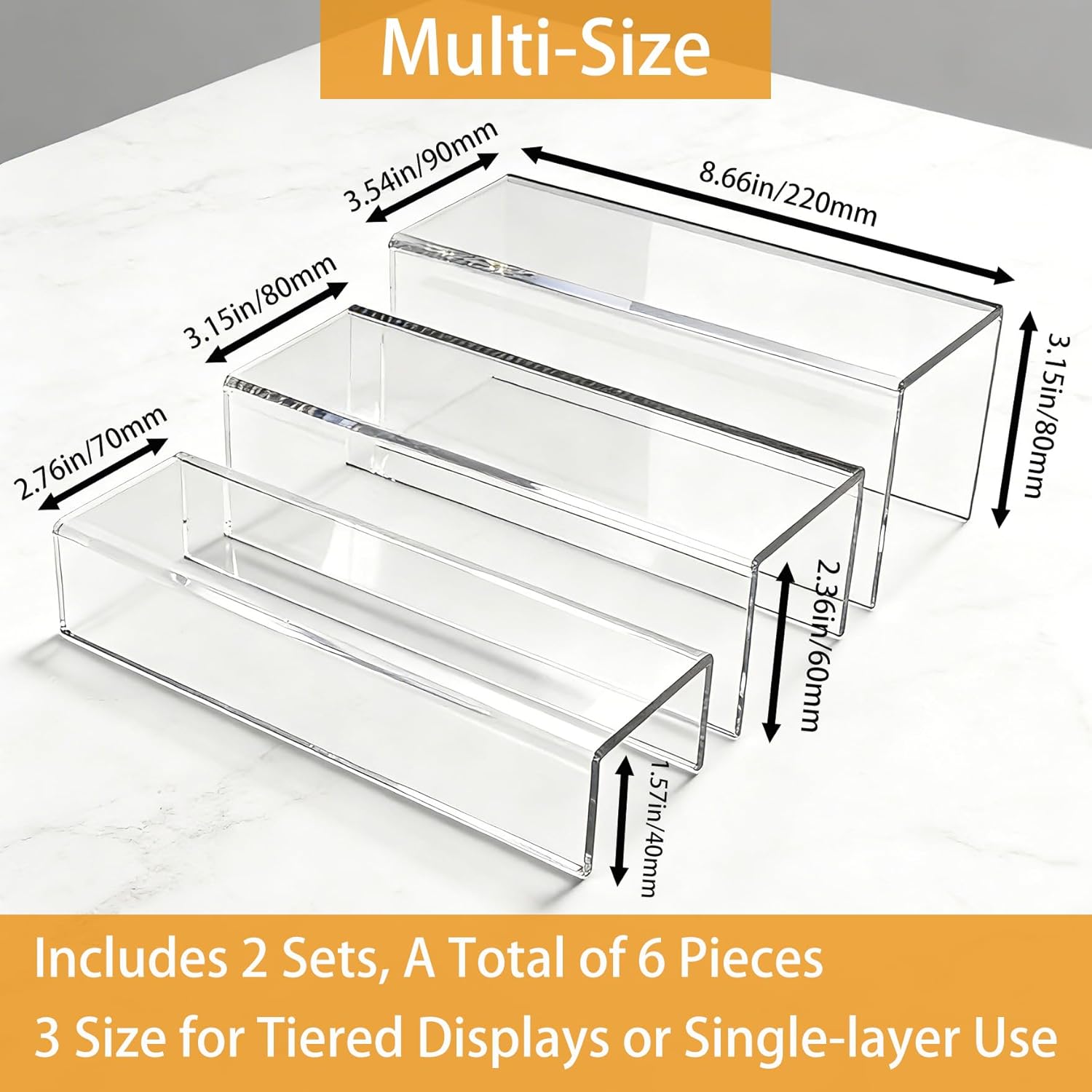 MerryNine Clear Acrylic Display Risers Stable Multi-Size | 6-Piece Set (8.66" base). Great for cosmetics, figurines