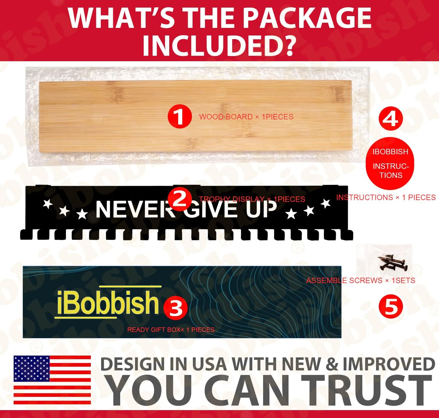 iBobbish Premium Trophy and Medal Display Shelf 16inchL,Metal Trophy Shelf with Hooks Upgraded,Large Bamboo Trophy
