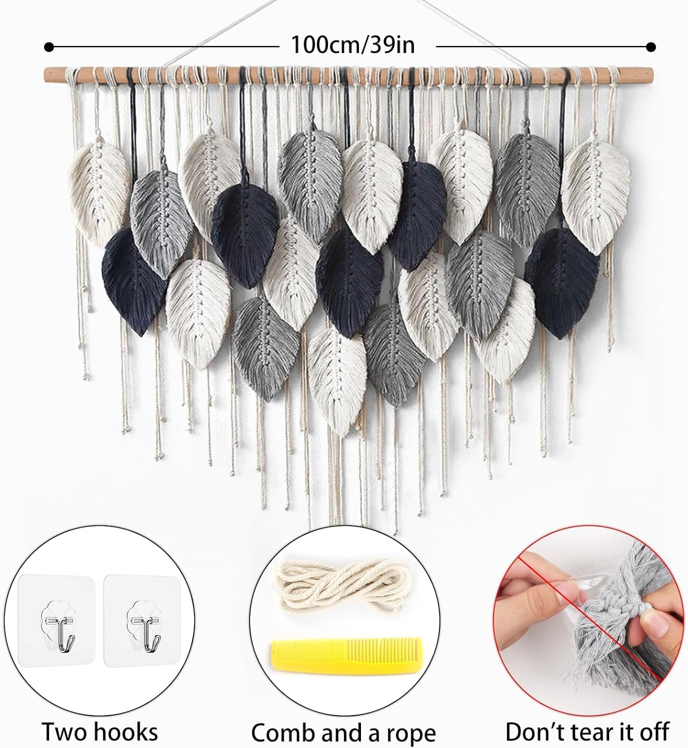 Macrame Wall Hanging Leaf Woven Tapestry Bohemian Chic Wall Hanging Feather Large / 39"W x 29.5"L