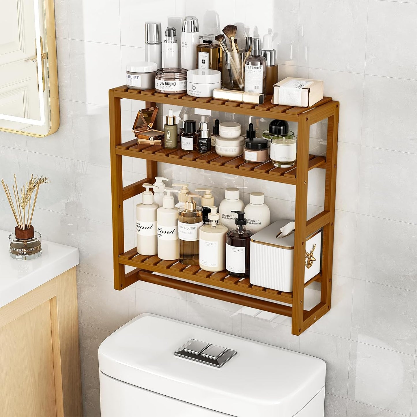 Galood Over The Toilet Storage Bathroom Shelves Wall Mounted 3 Tier Brown-L | Space Saver Corner Shelf Organizer Bamboo