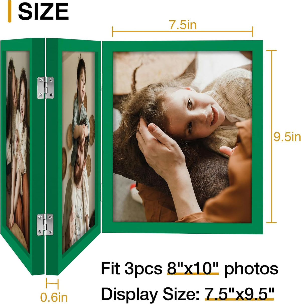 decorUhome Green Triple 8x10 Picture Frame Vertical, MDGN08 | "Z" Shape Folding Design Engineered Wood Trifold Photo