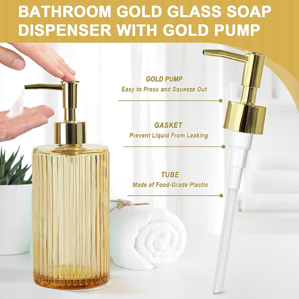KASUNTING Gold Bathroom Accessories 4 Pcs, Gold Glass Soap Dispenser and Toothbrush Holder Set, Qtip Holder Set, Glass