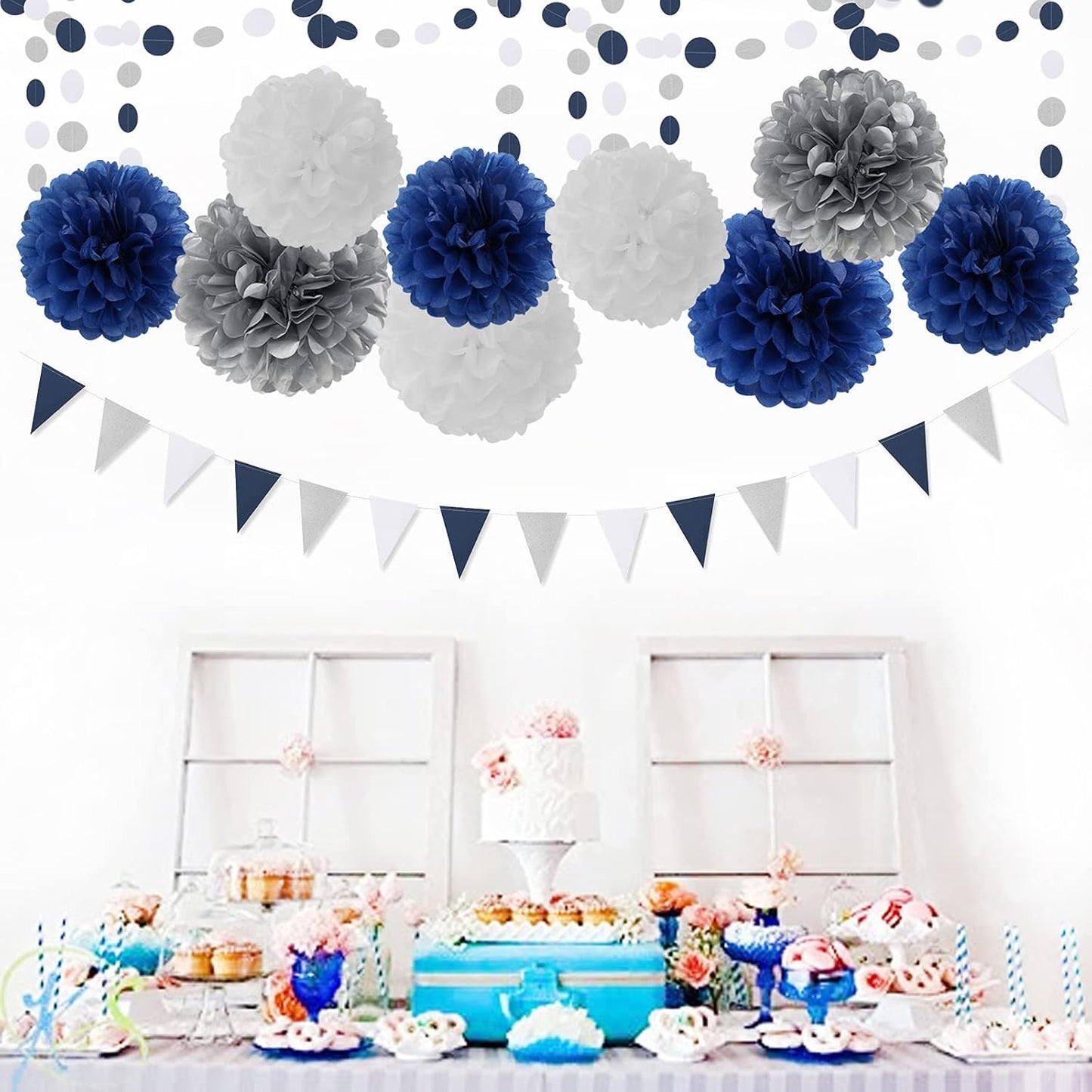 5 Size Party Decorations Paper Flowers / Navy Blue White Silver / Set of 15