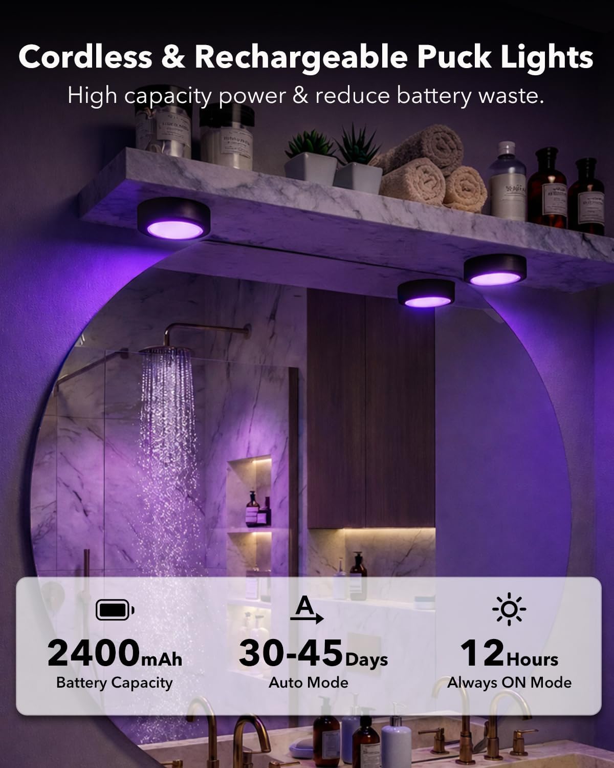 2400mAh Rechargeable Puck Lights, Motion Sensor Under Cabinet Light | RGB Color Changing, Magnetic, USB-C, Timer