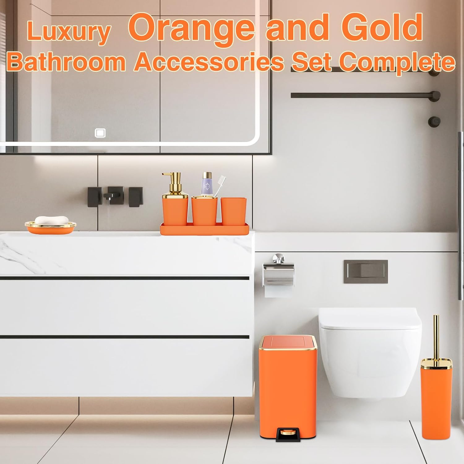 XLHOMO Bathroom Accessories 8 Piece Orange and Gold Bathroom Set, Bath Accessories with Stainless Steel Trash