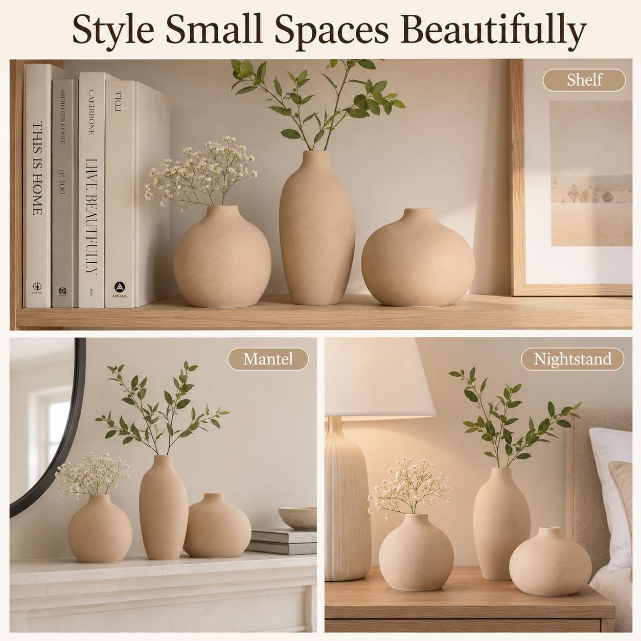 Small Ceramic Vase / Tan / Brown / Set of 3