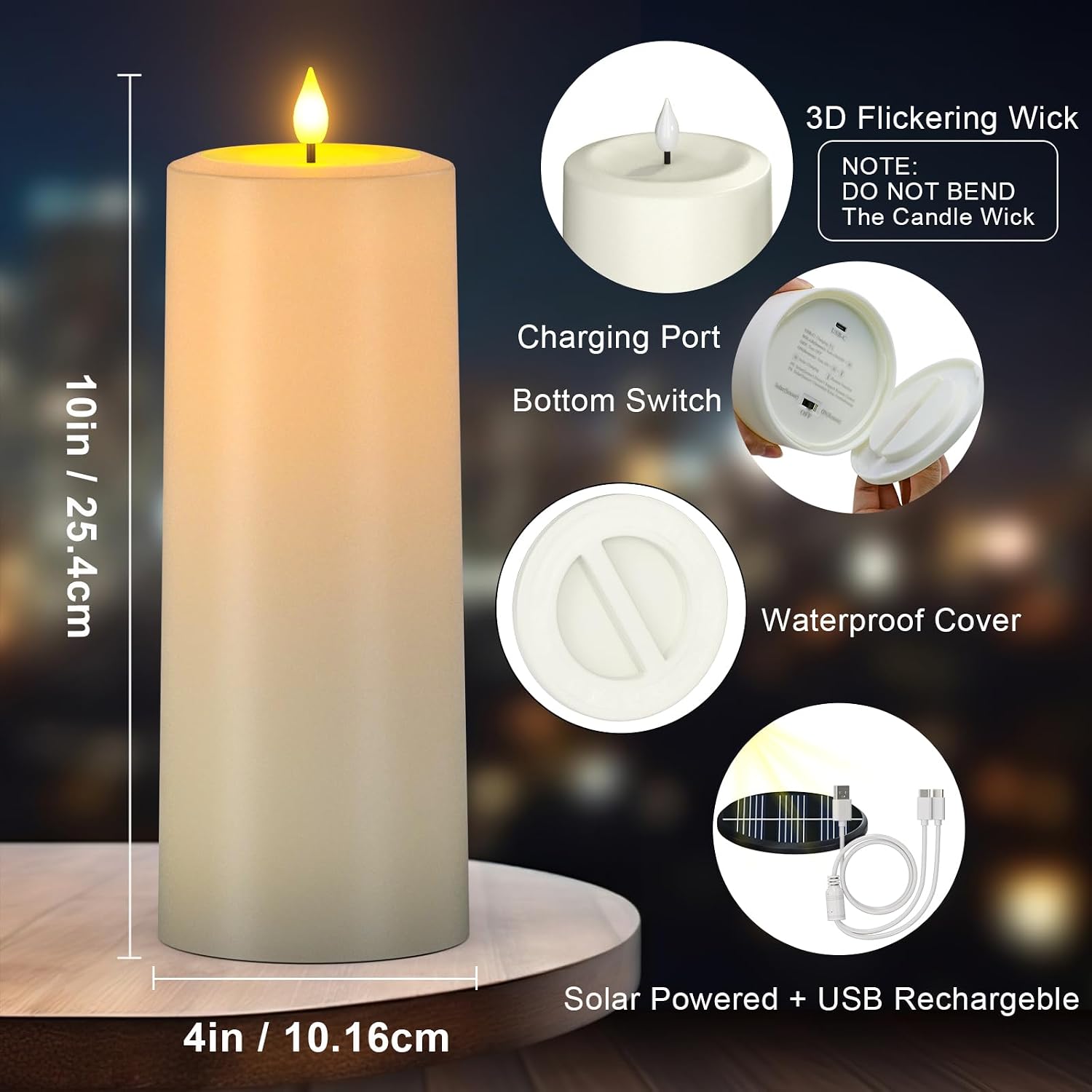 SoulBay 10"x4" Solar & USB Rechargeable Outdoor Flameless Pillar Candles | Waterproof Flickering LED, Remote Timer