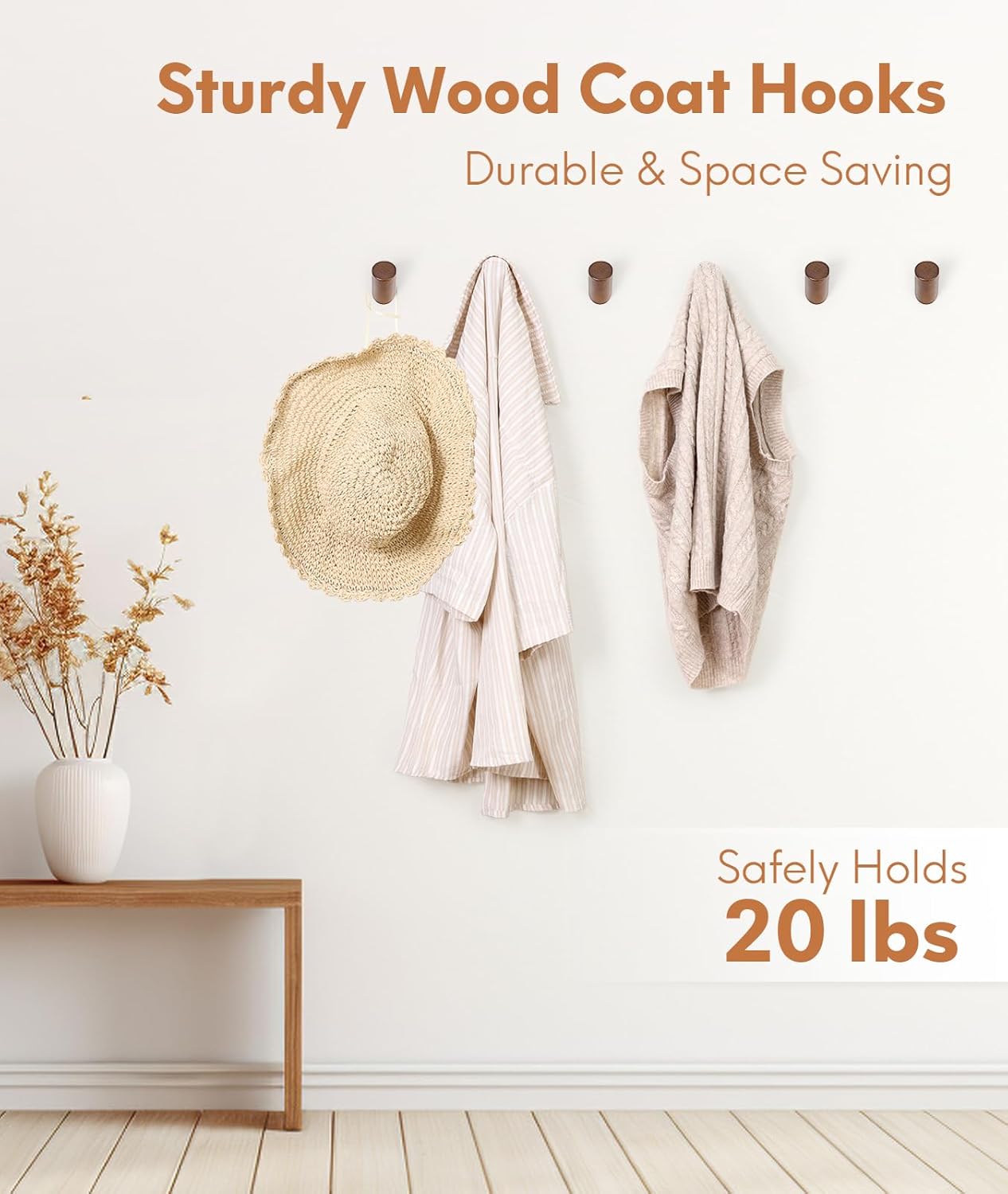 Wood Wall Hooks for Hanging / Walnut / Set of 6