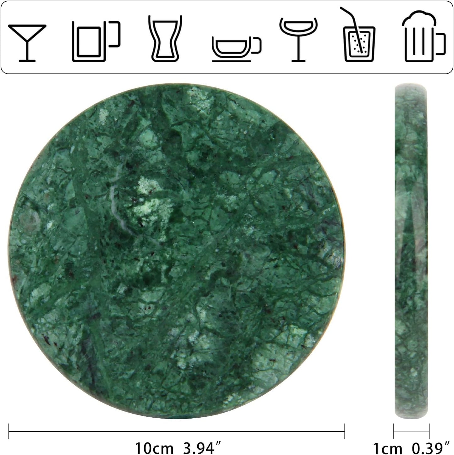 Natural Marble Coasters / Blackish Green / Round / 4 Inch / Set of 4