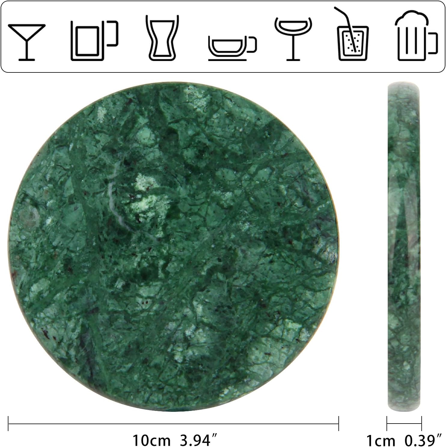 Natural Marble Coasters / Blackish Green / Round / 4 Inch / Set of 4