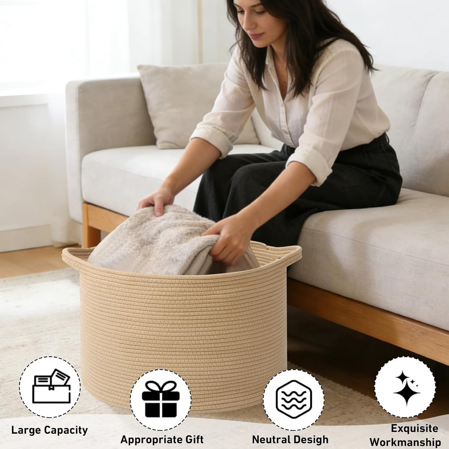 Woven Rope Laundry Basket Hamper / Camel / 19.7"L x 19.7"W x 13"H