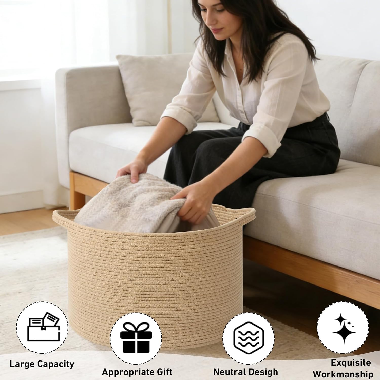 Woven Rope Laundry Basket Hamper / Camel / 19.7"L x 19.7"W x 13"H