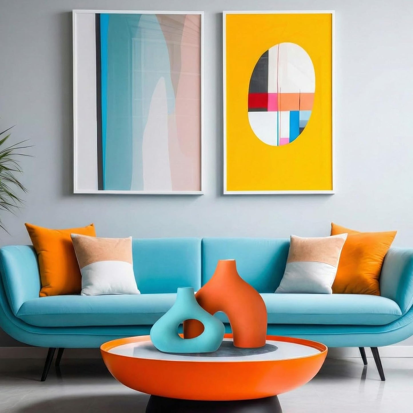 Mid Century Modern Decor Ceramic Donut Vases / Orange Blue / Set of 2