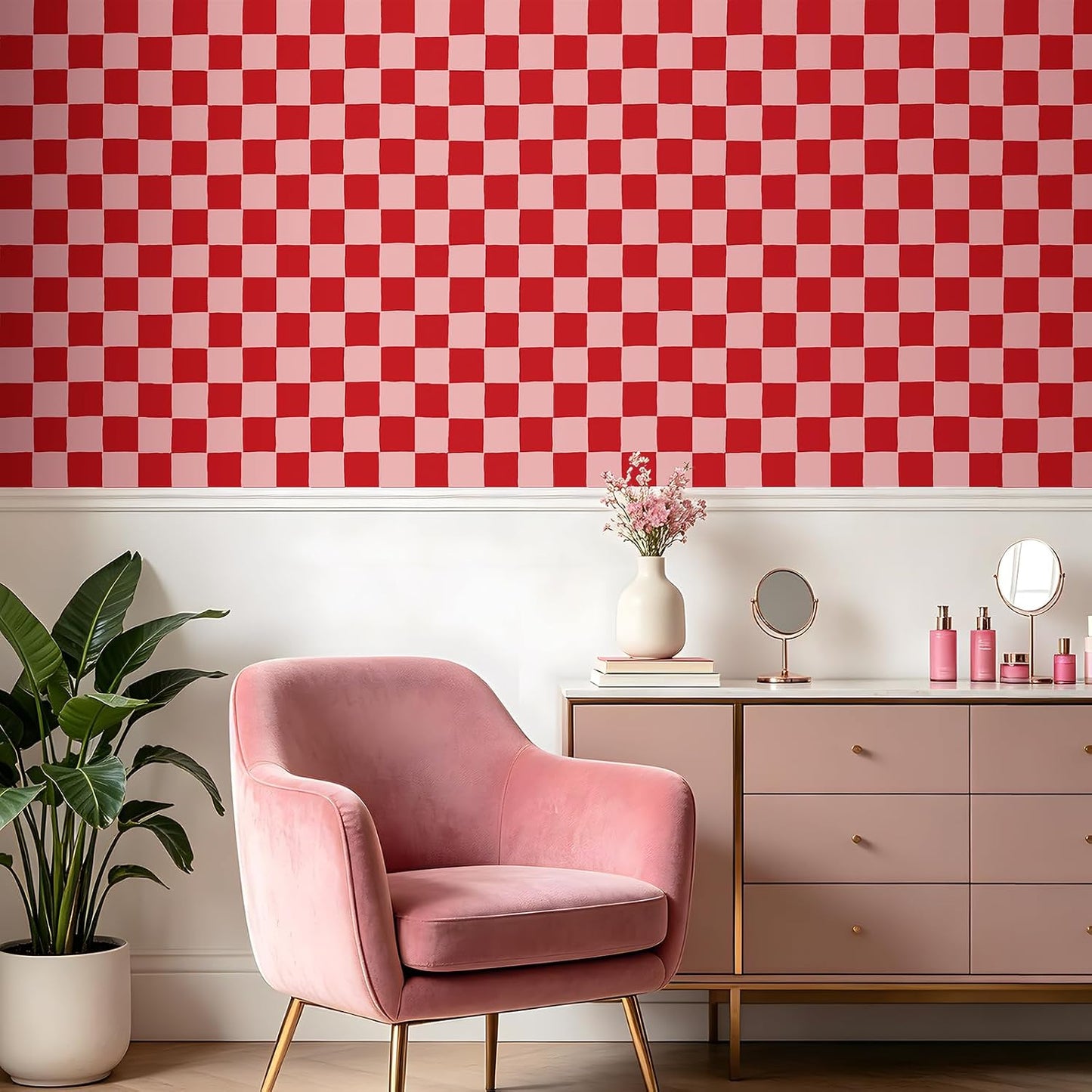 Checkered Wallpaper Peel and Stick Dark Pink Contact Paper Waterproof / 17.5 x 80 / Red Checkered