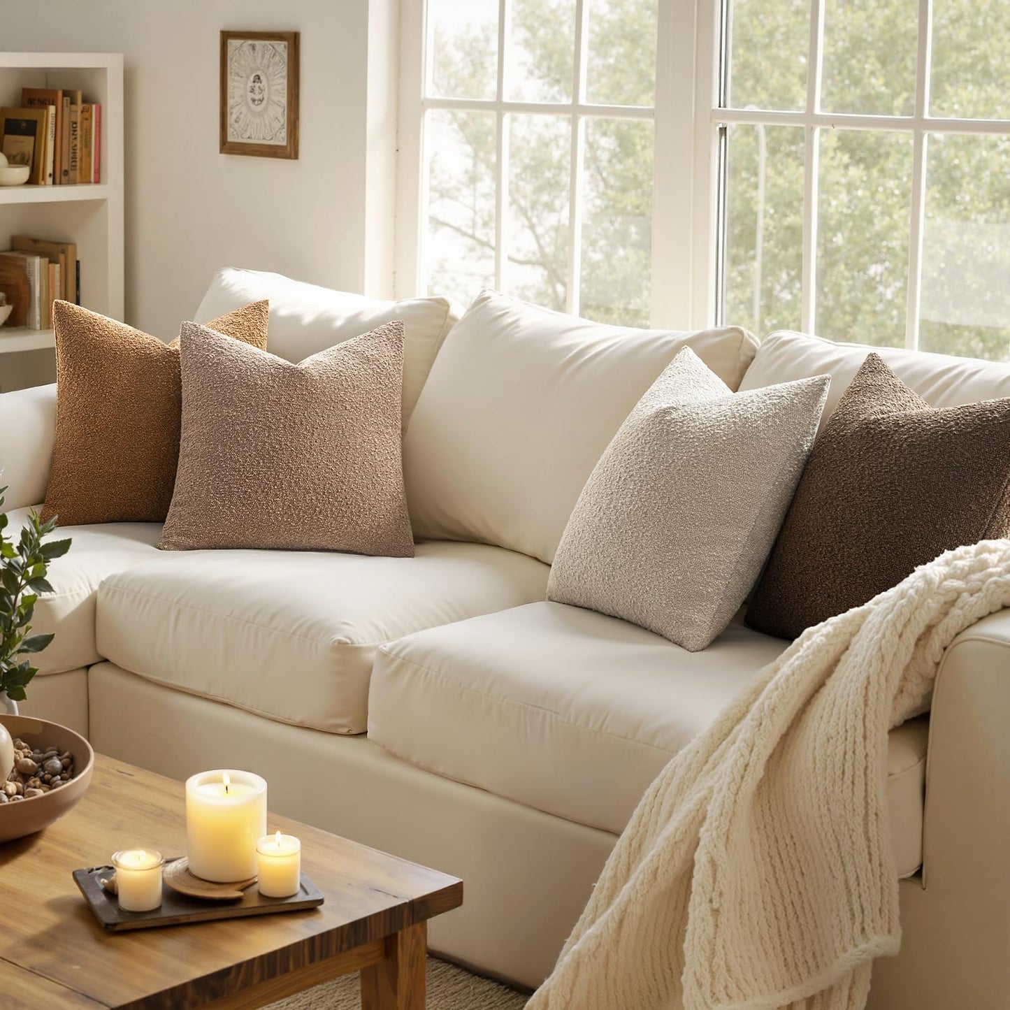Decorative Textured Boucle Throw Pillow Covers Accent Solid / 18 x 18 / Neutral Brown / Set of 4