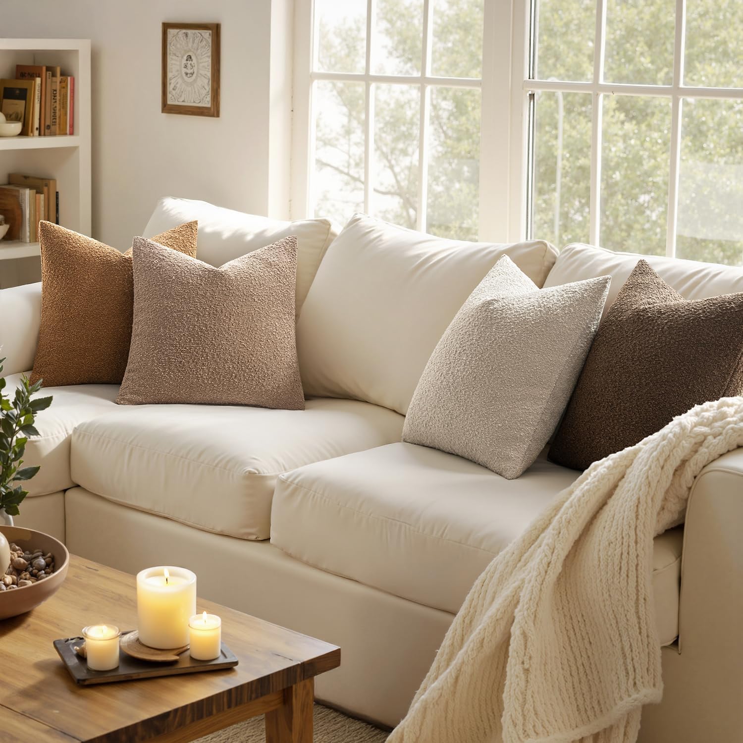 Decorative Textured Boucle Throw Pillow Covers Accent Solid / 18 x 18 / Neutral Brown / Set of 4