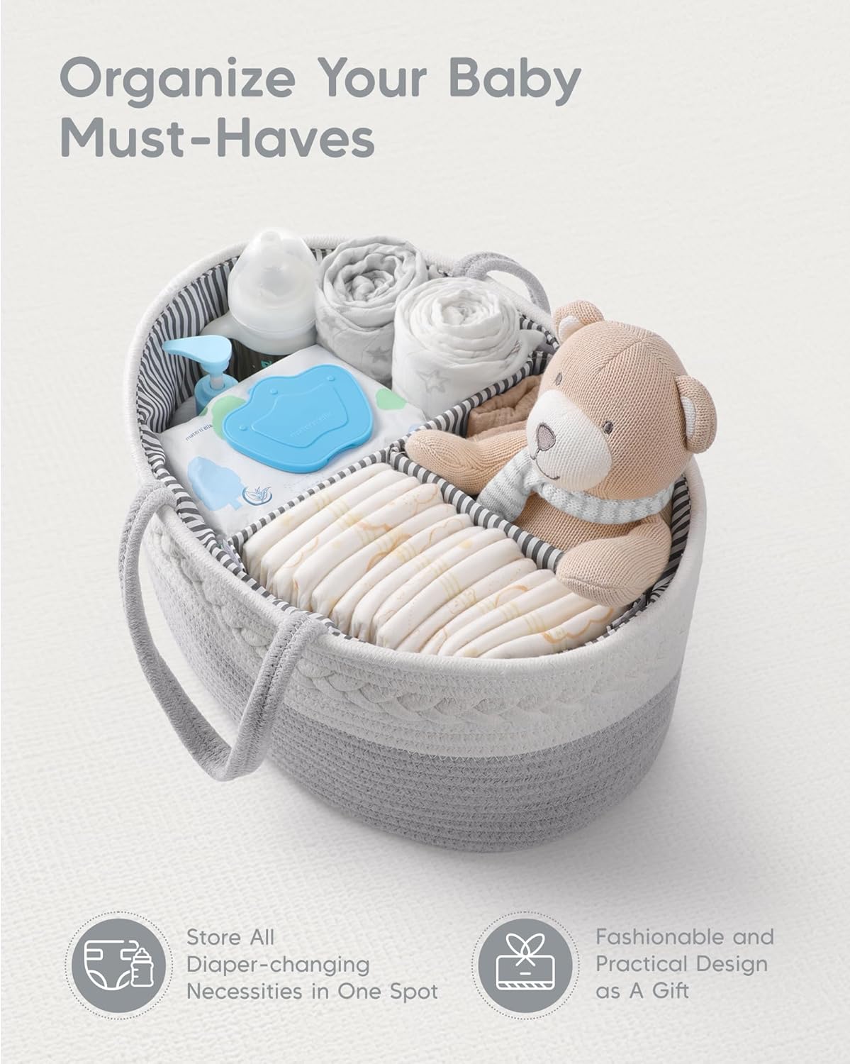 Diaper Caddy Organizer for Baby Boy- Cotton Rope for Changing Table / Large / Grey