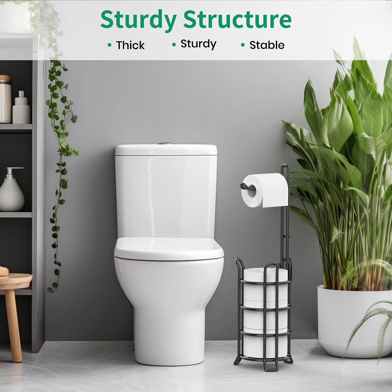 TomCare Toilet Paper Holder Stand Free Standing, Holds 4 Mega Rolls, Black | Tool-Free Assembly, Detachable Metal Wire