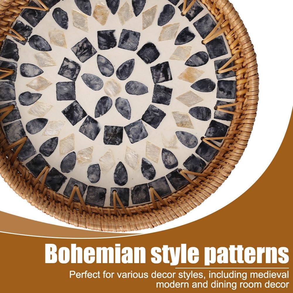 Round Rattan Tray / Mother of Pearl Inlay Aesthetic Wicker Jewelry Dishes for Snacks Fruits