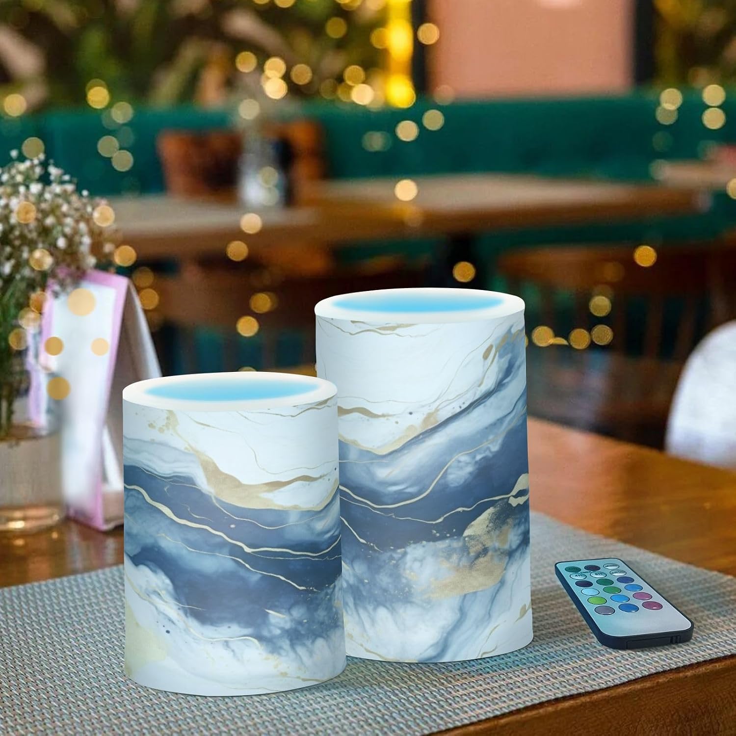 Flickering Flameless Candles, Drak Blue Golden Marble LED Candles with Remote Timer, Set of 2 Battery Operated Candle