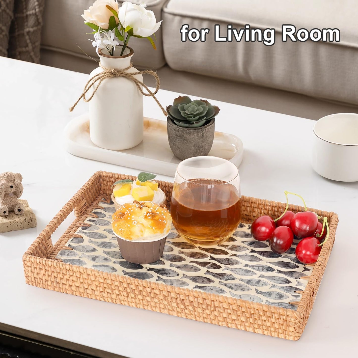 Rattan Serving Tray / Dark Blue Fish