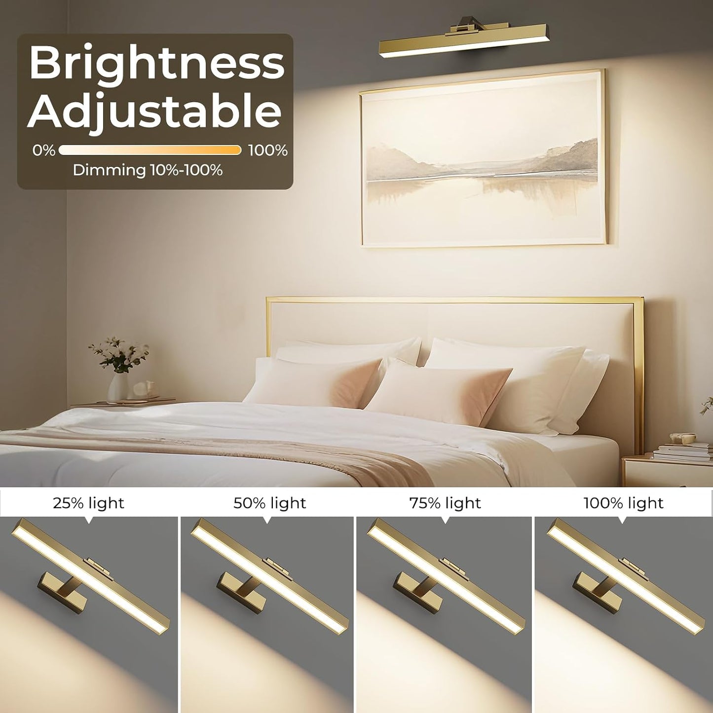 Picture Lights for Wall, Brushed Gold Battery Operated Picture Light 16in Art Light CCT Dimmable Recharging Battery