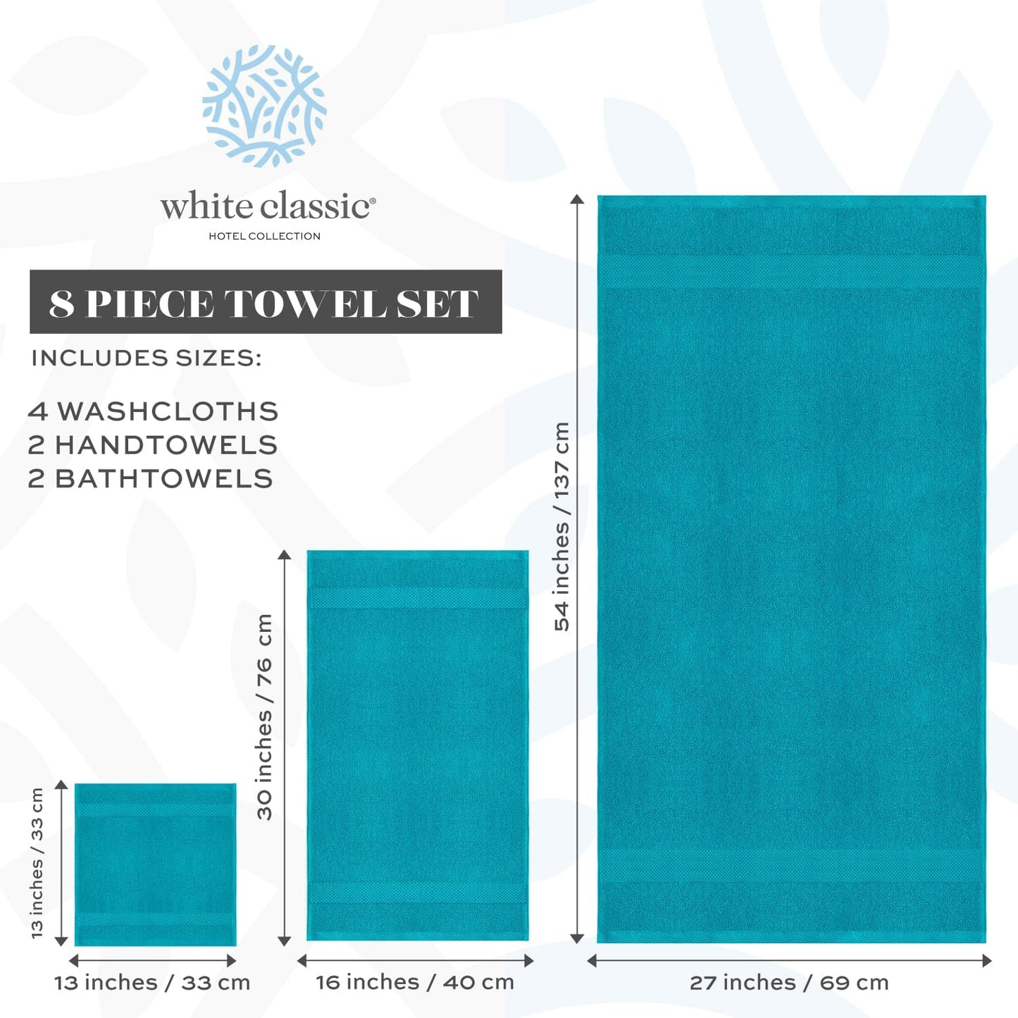 White Classic Luxury Bath Towel Set of 8 Pieces - 100% Turkish Cotton Highly Absorbent Towels for Bathroom, 2 Luxury