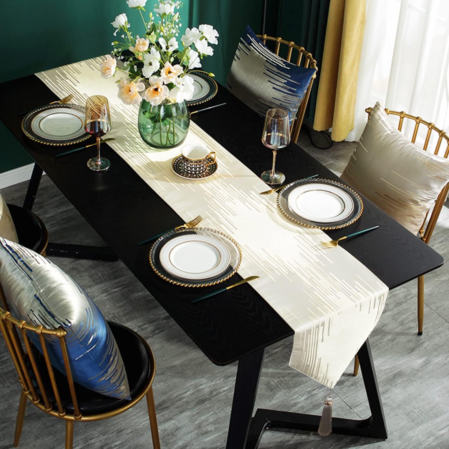 Beige Elegant Luxury Table Runner,13"x98", Modern Geometric Lines, Tassels | Satin Faux Silk Double Layer Accent