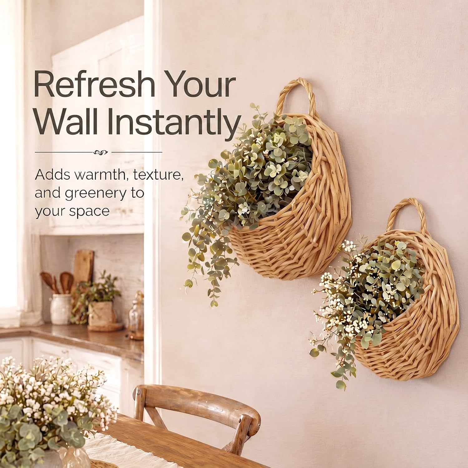 Wicker Hanging Basket 14" and 8" Handmade Woven Wall Hanging Basket for Plant Decorative / Set of 2